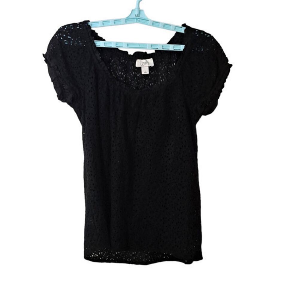 Ann Taylor Loft Womens Tunic Short Puff Sleeves Lace Blouse Black Size Small